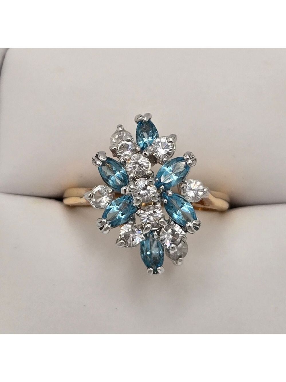 Large Blue Crystal Cluster Ring Gold Tone Floral Statement Ring Size 9